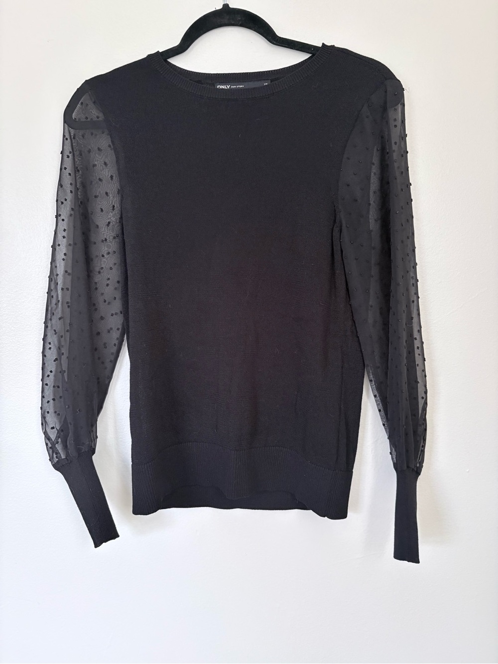 Only Black Top with Sheer Dotted Puff Sleeves Size XS
